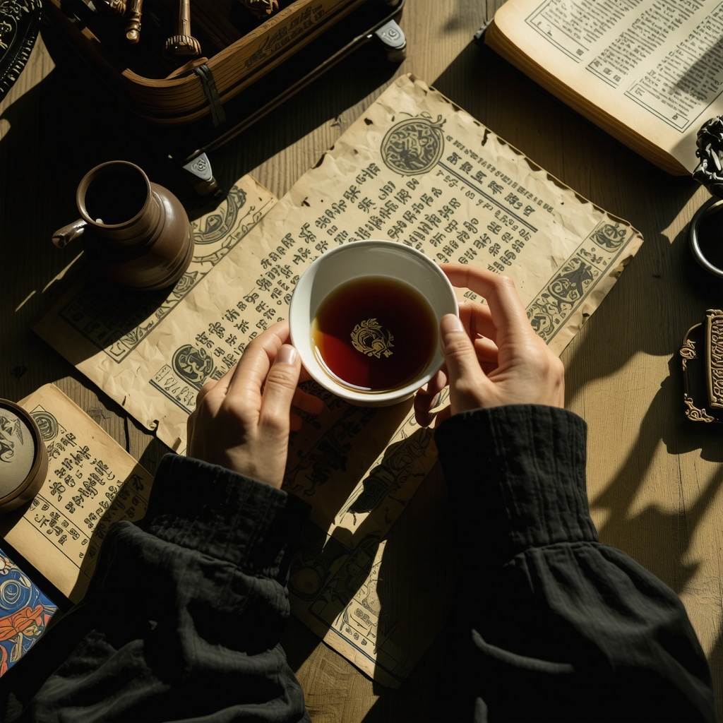 Person preparing and enjoying tea with cultural and ancestral symbolism