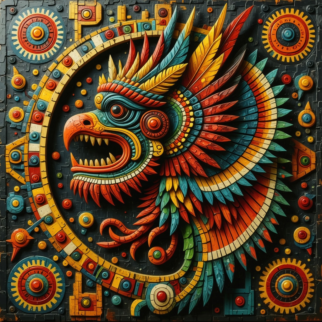 Art installation blending Aztec symbolic motifs with modern design