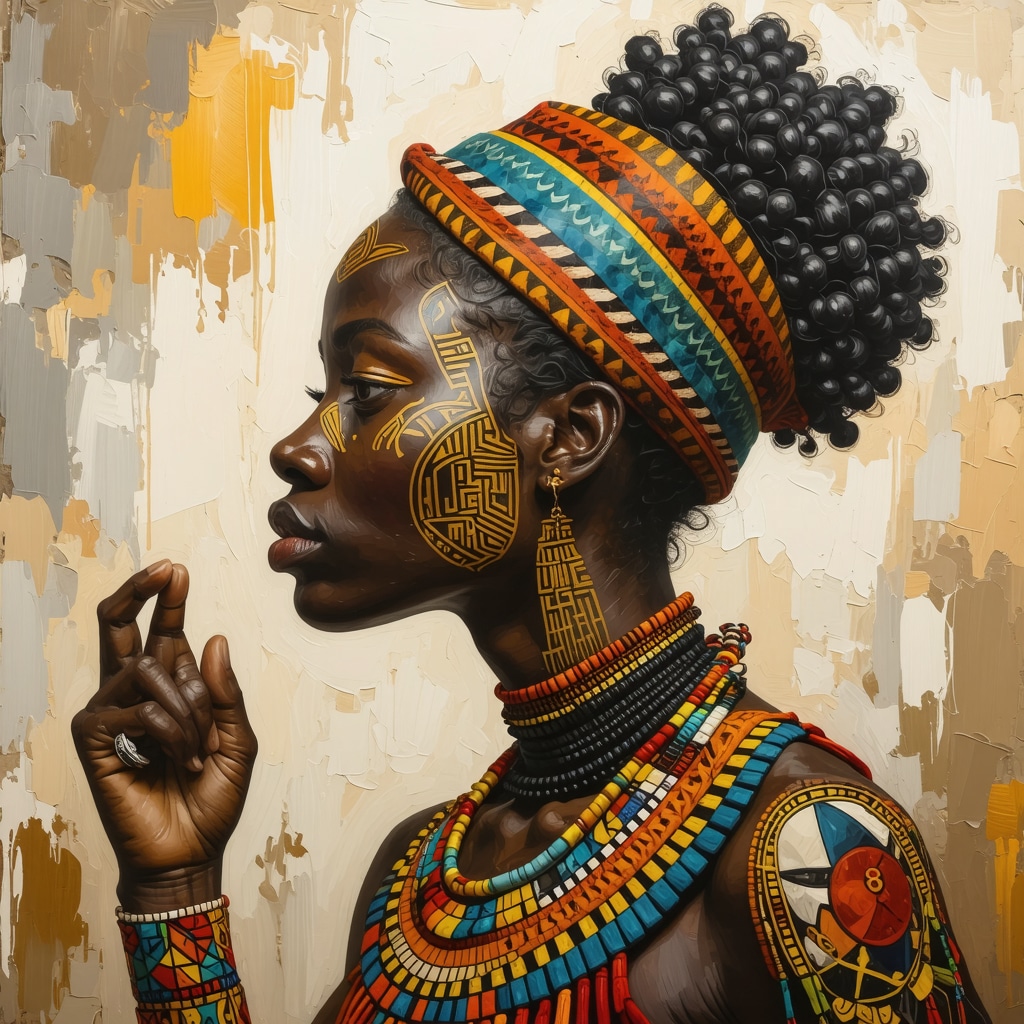 Modern artwork blending ancient symbols with feminist motifs, vibrant and detailed