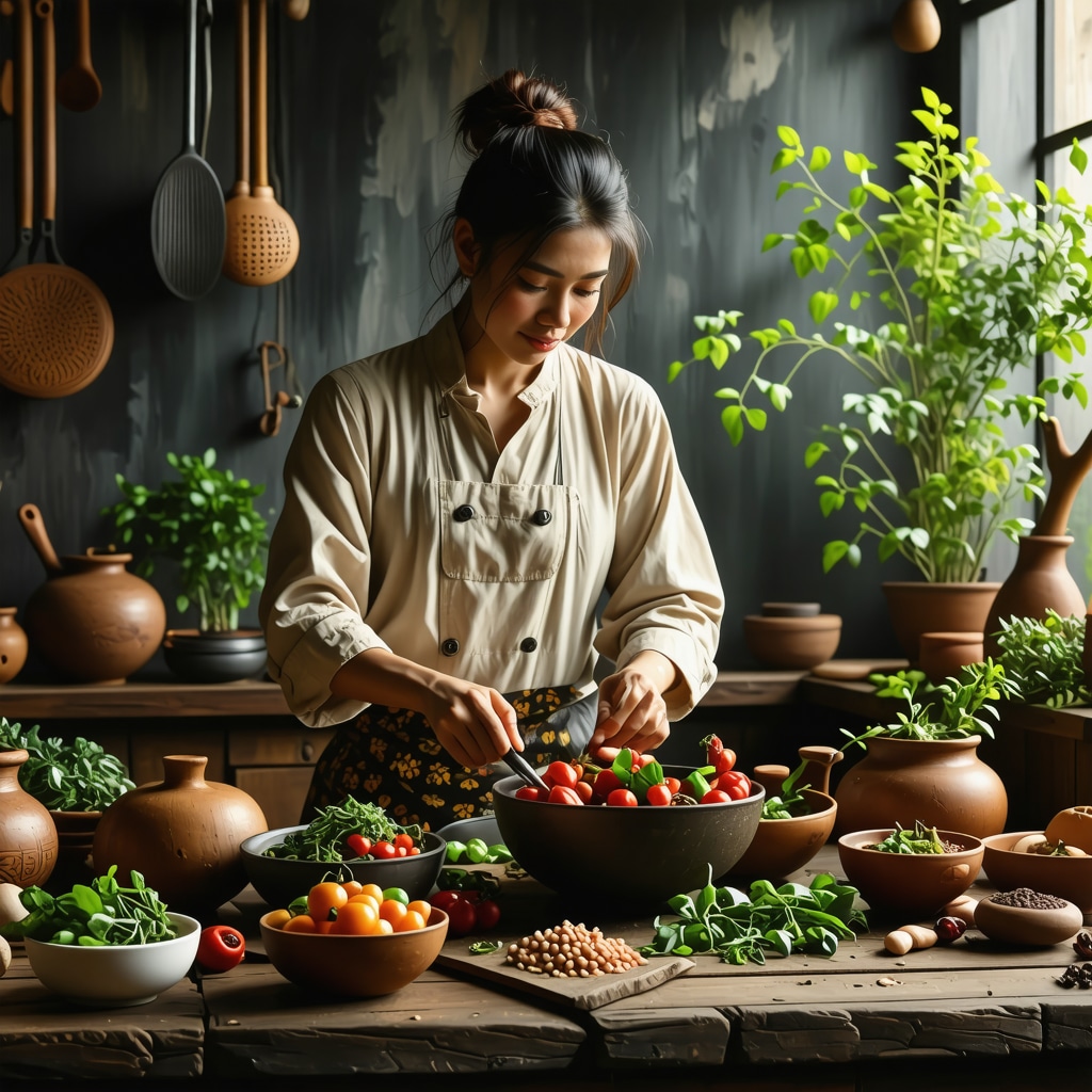 Person preparing traditional symbolic dishes in a warm kitchen setting