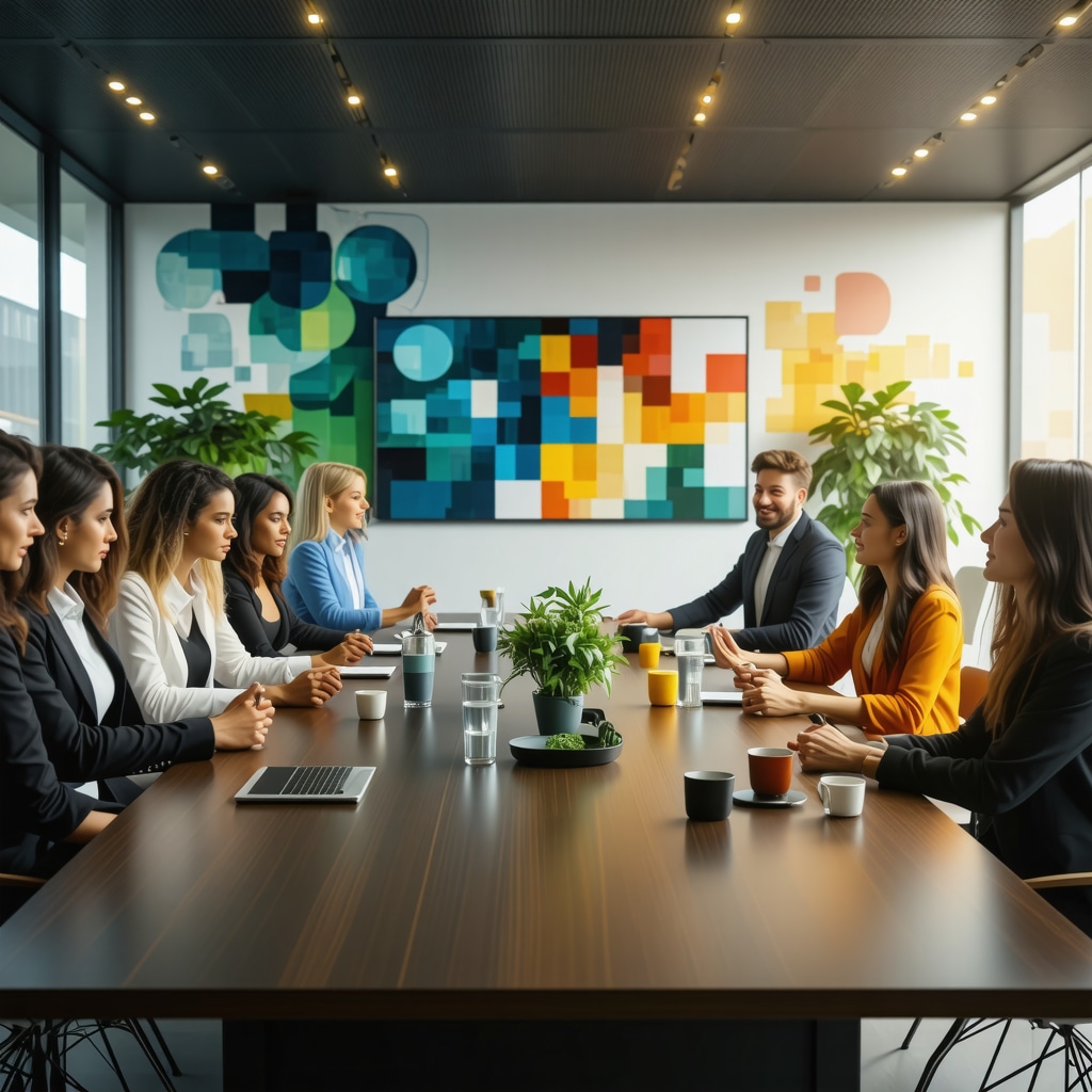 Multicultural professionals in a corporate meeting room participating in a symbolic leadership ritual with cultural symbols