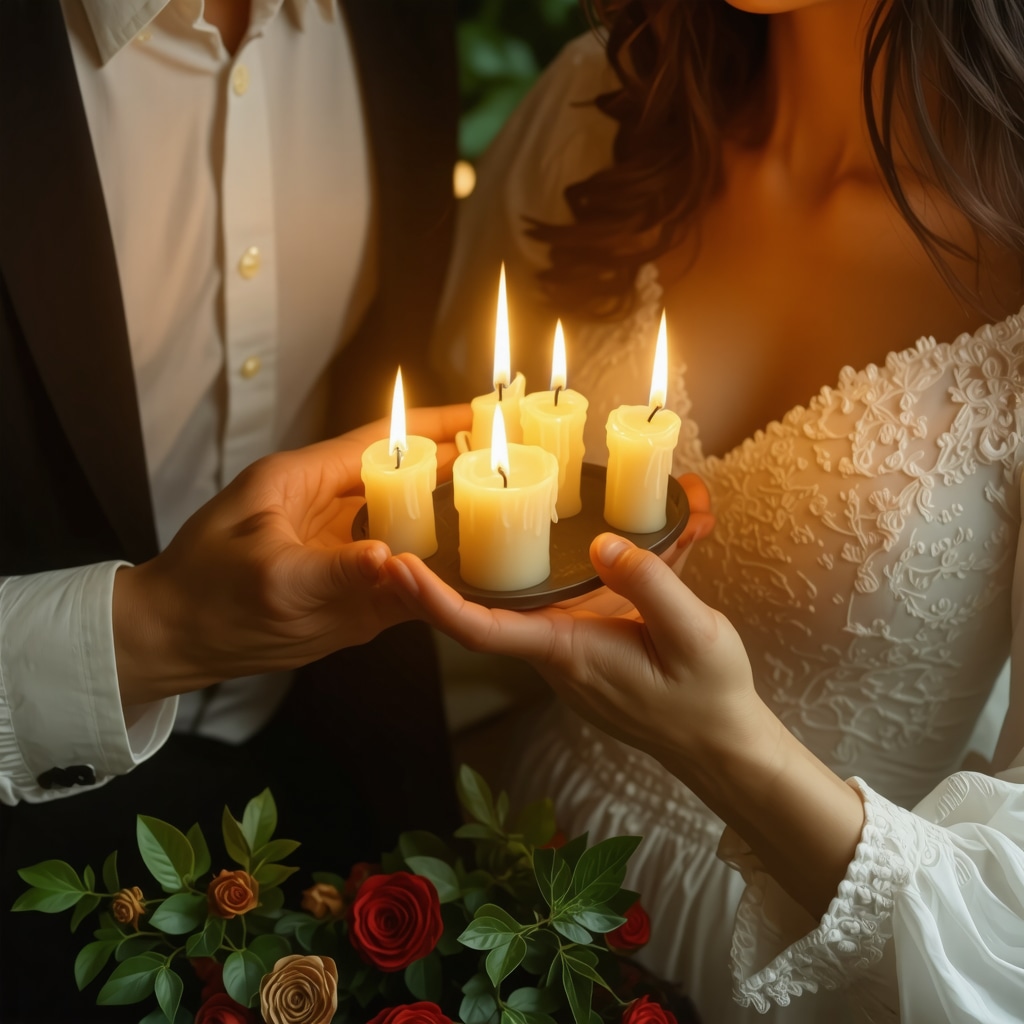Couple performing symbolic ritual blending tradition and technology for marital growth