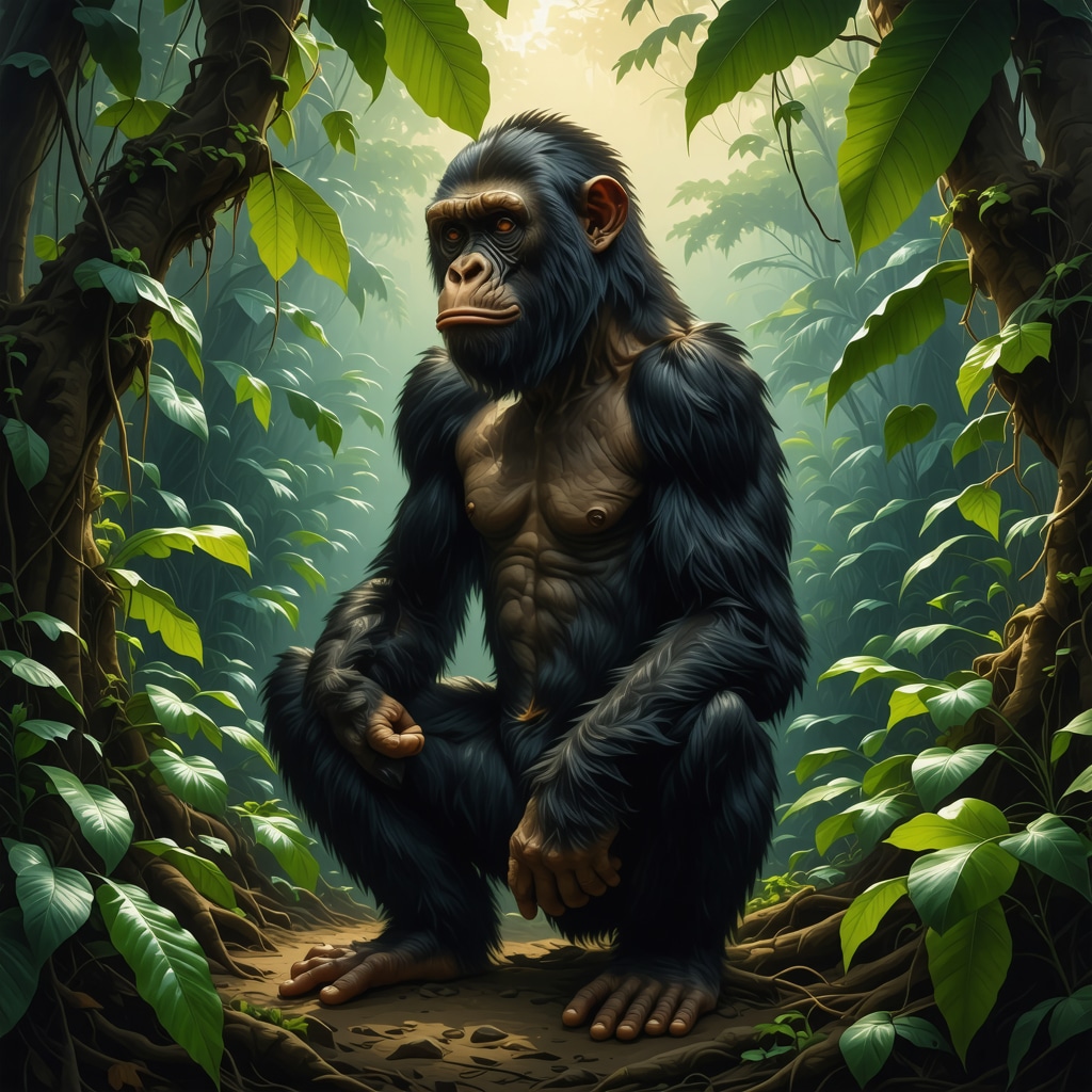 Artistic depiction of Curupira with backward feet in the Amazon rainforest, representing protection and folklore