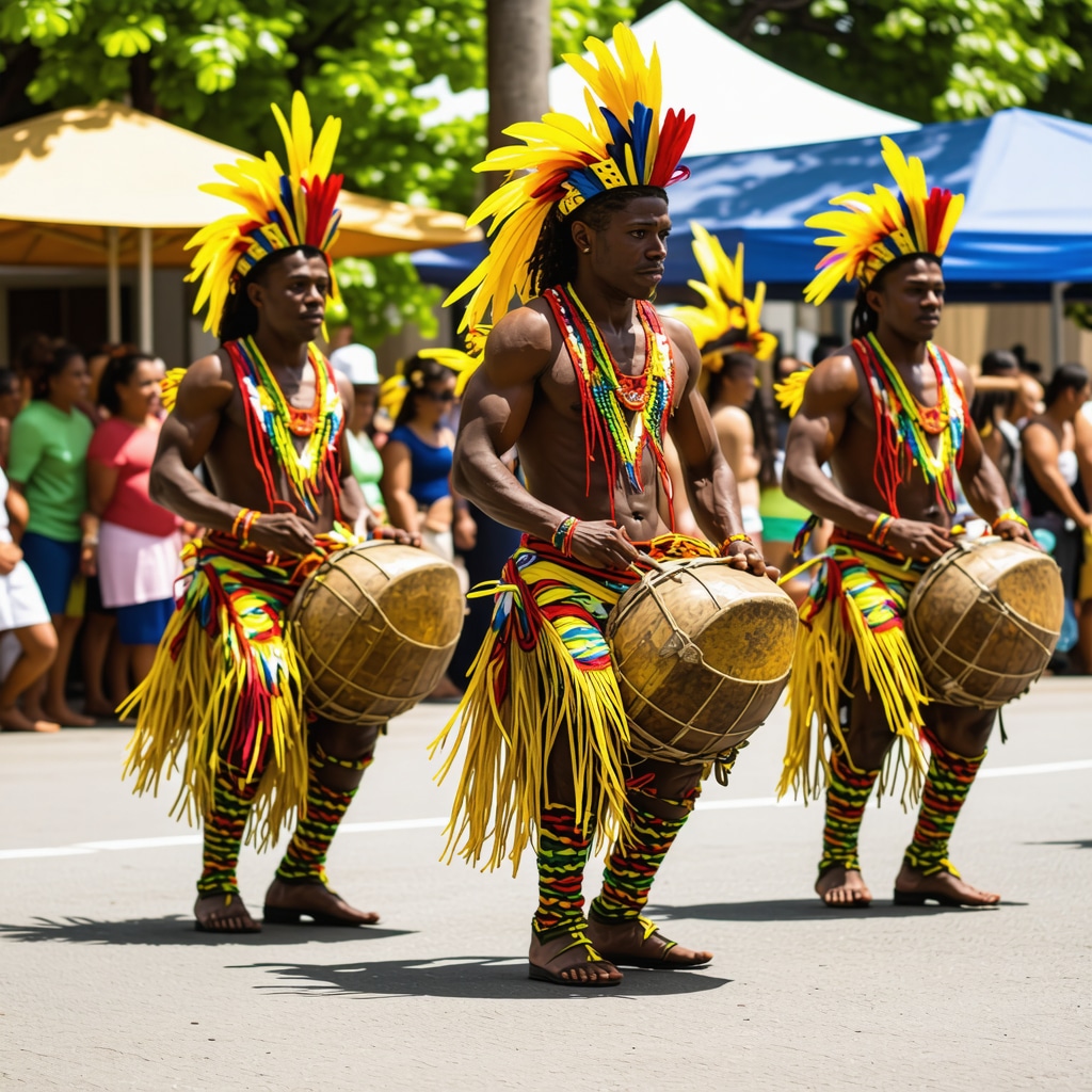Danza de Bomba en Puerto Rico Dancers performing traditional bomba dance in Puerto Rico with colorful costumes and drummers in a cultural festival