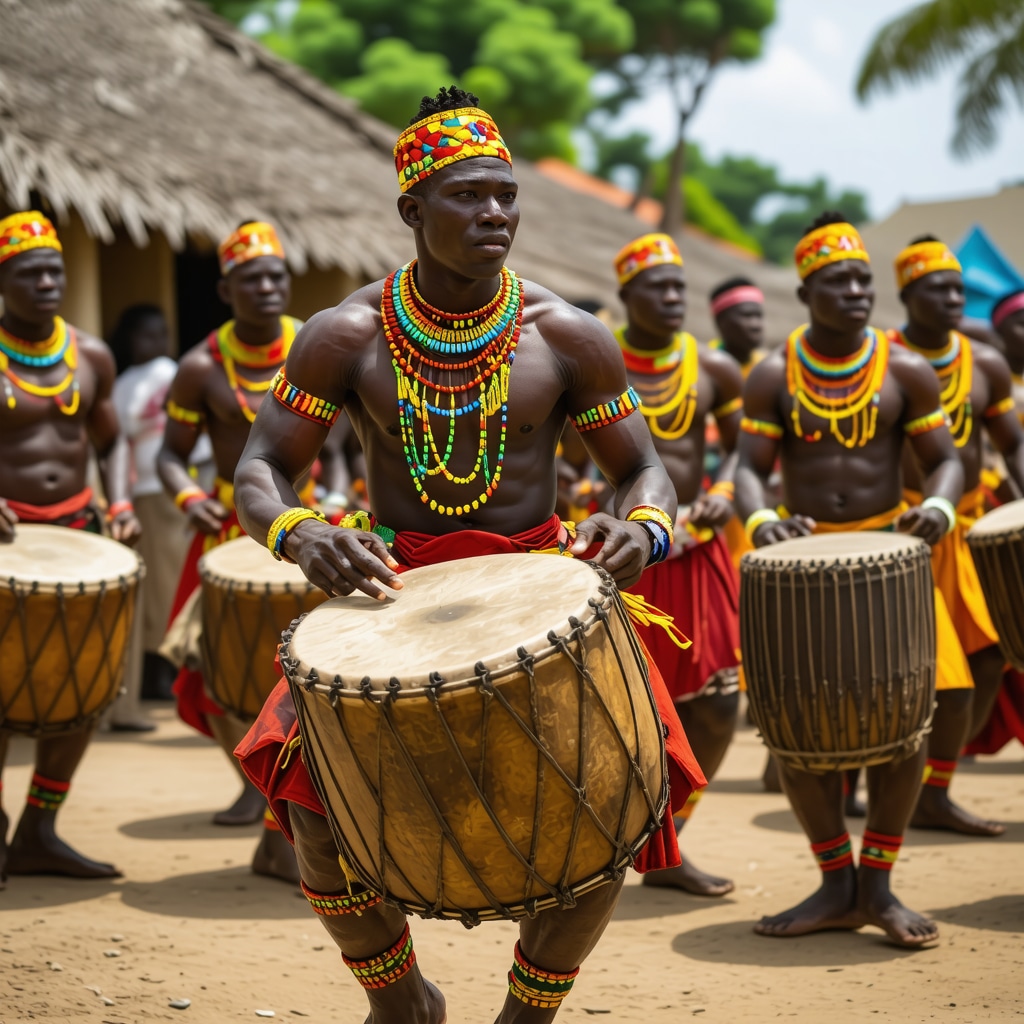Grupo de bailarines y músicos realizando un ritual tradicional en Guinea Ecuatorial
