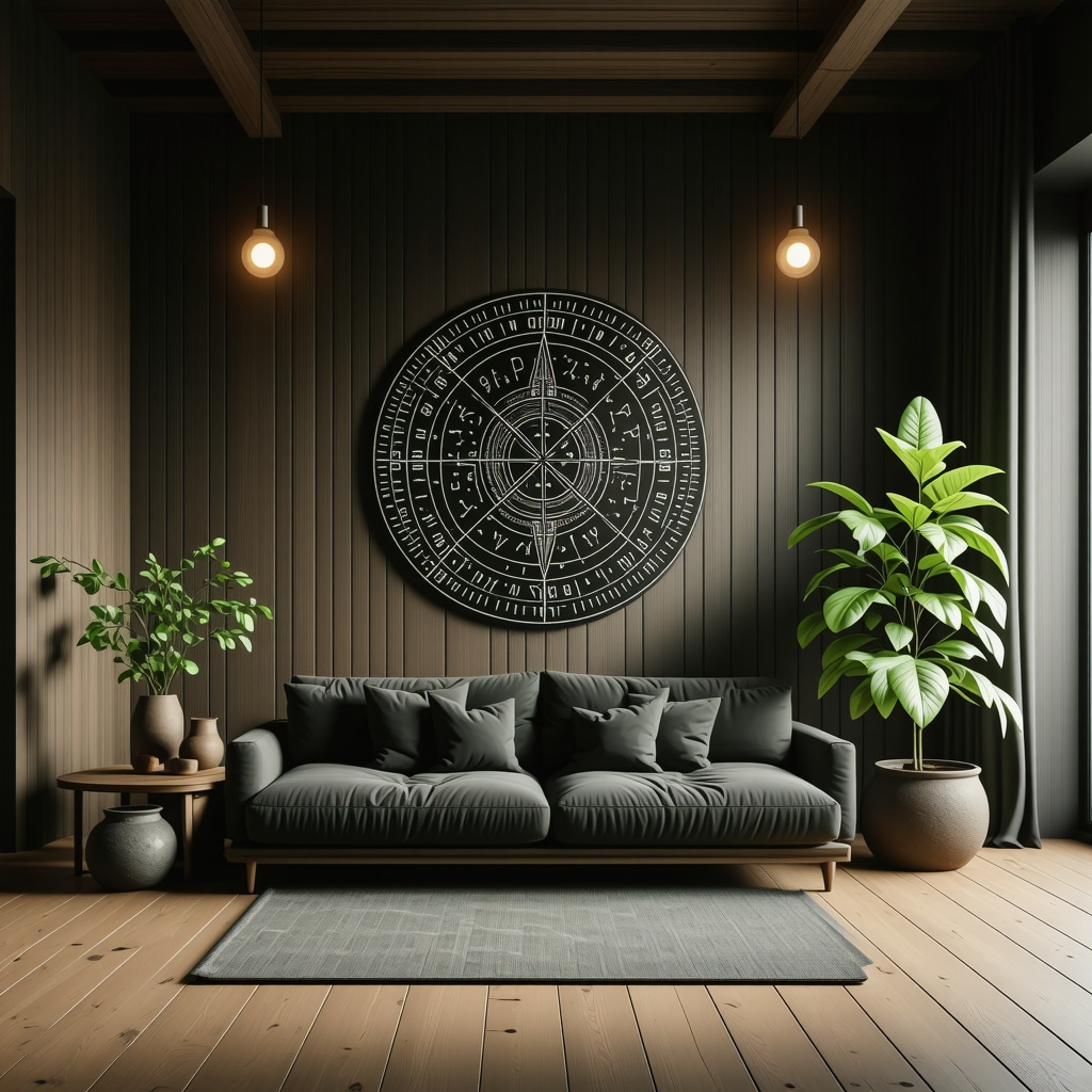Interior de hogar nórdico con símbolos Vegvísir y Algiz en paredes y decoración, luz natural y plantas