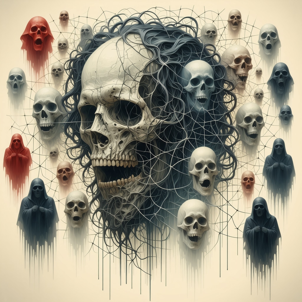 Ilustración que representa la propagación de leyendas de terror falsas a través de redes sociales y tecnología digital