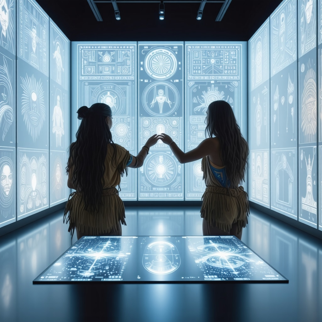 Indigenous community members using holographic technology to preserve folklore