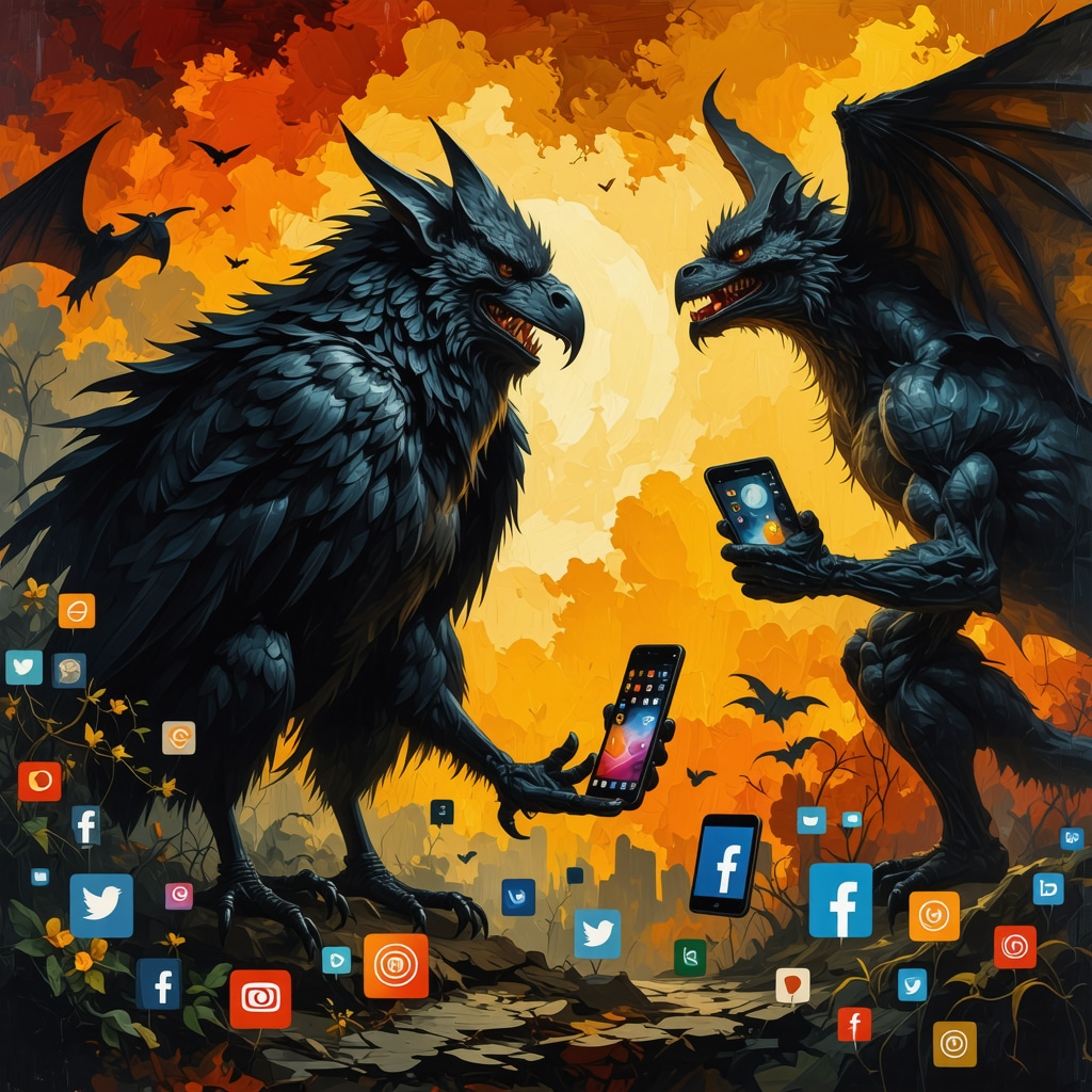 Digital collage showing traditional Filipino urban legends combined with smartphones and social media icons