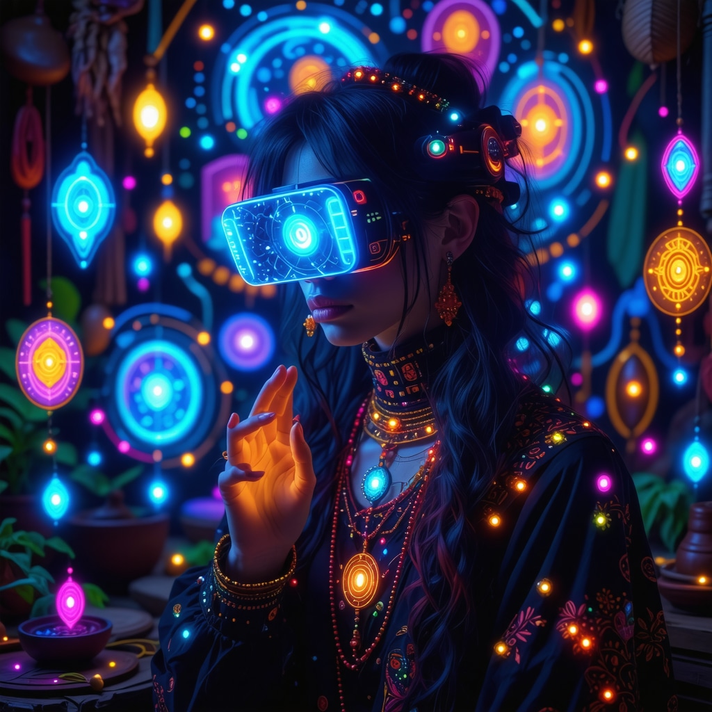 Person using augmented reality and virtual reality technology to engage with traditional Spanish superstition symbols