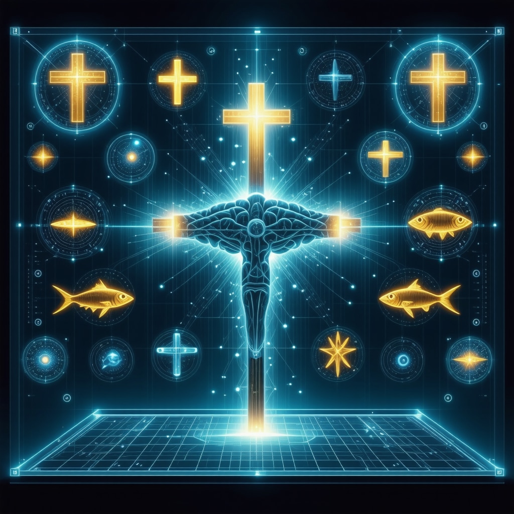 Modern digital exhibit displaying Christian folklore symbols alongside brain imagery and digital interfaces