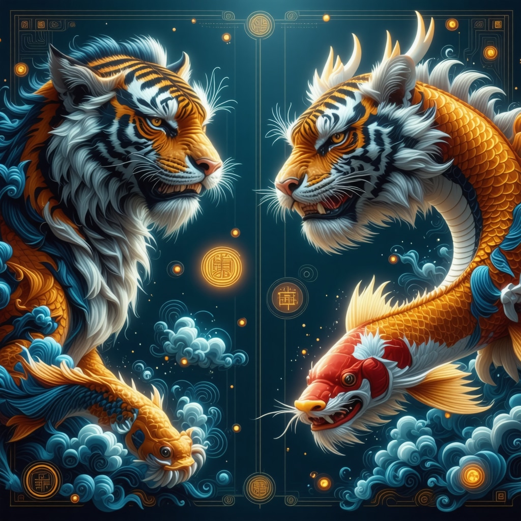Interactive digital display featuring Asian totem animals with glowing energy patterns and cultural symbols