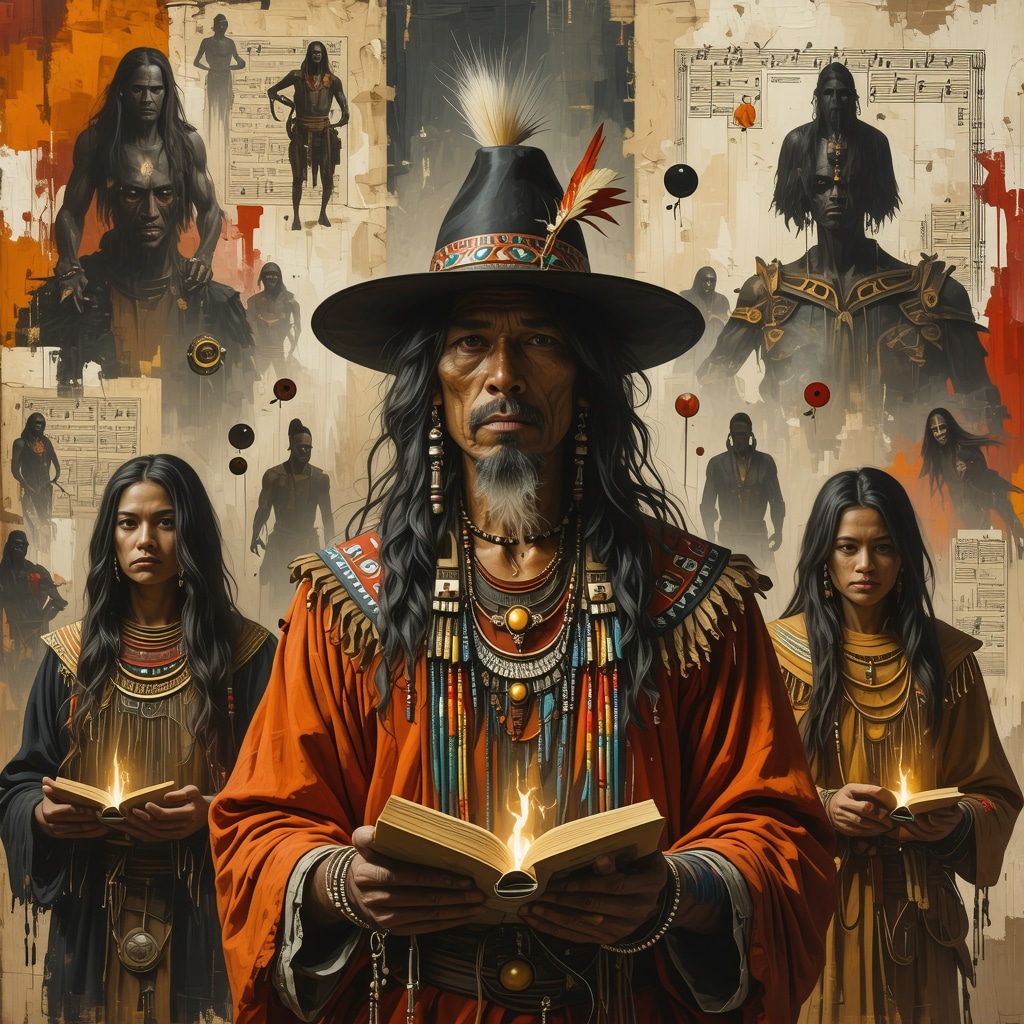 Collage of ancient manuscripts, indigenous storytellers, and digital storytelling platforms representing preservation and adaptation of horror legends