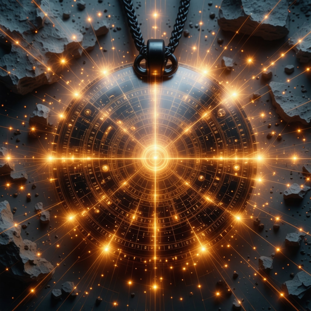 Futuristic digital amulet glowing with ancient symbols and neural energy patterns