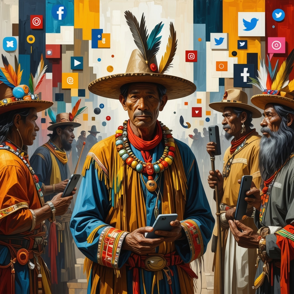 Illustration of Peruvian urban legends merged with digital technology and social media elements