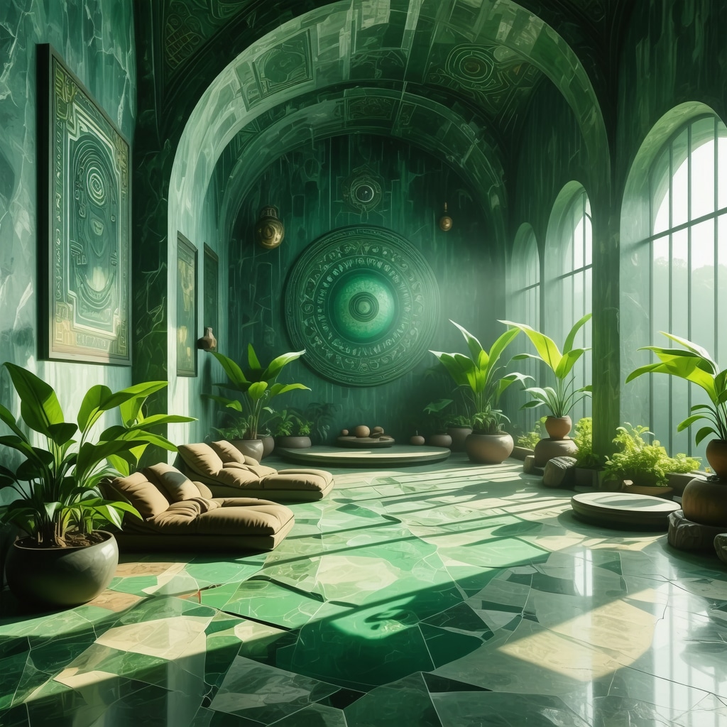 Espacio interior terapéutico con patrones geométricos sagrados y símbolos de salud