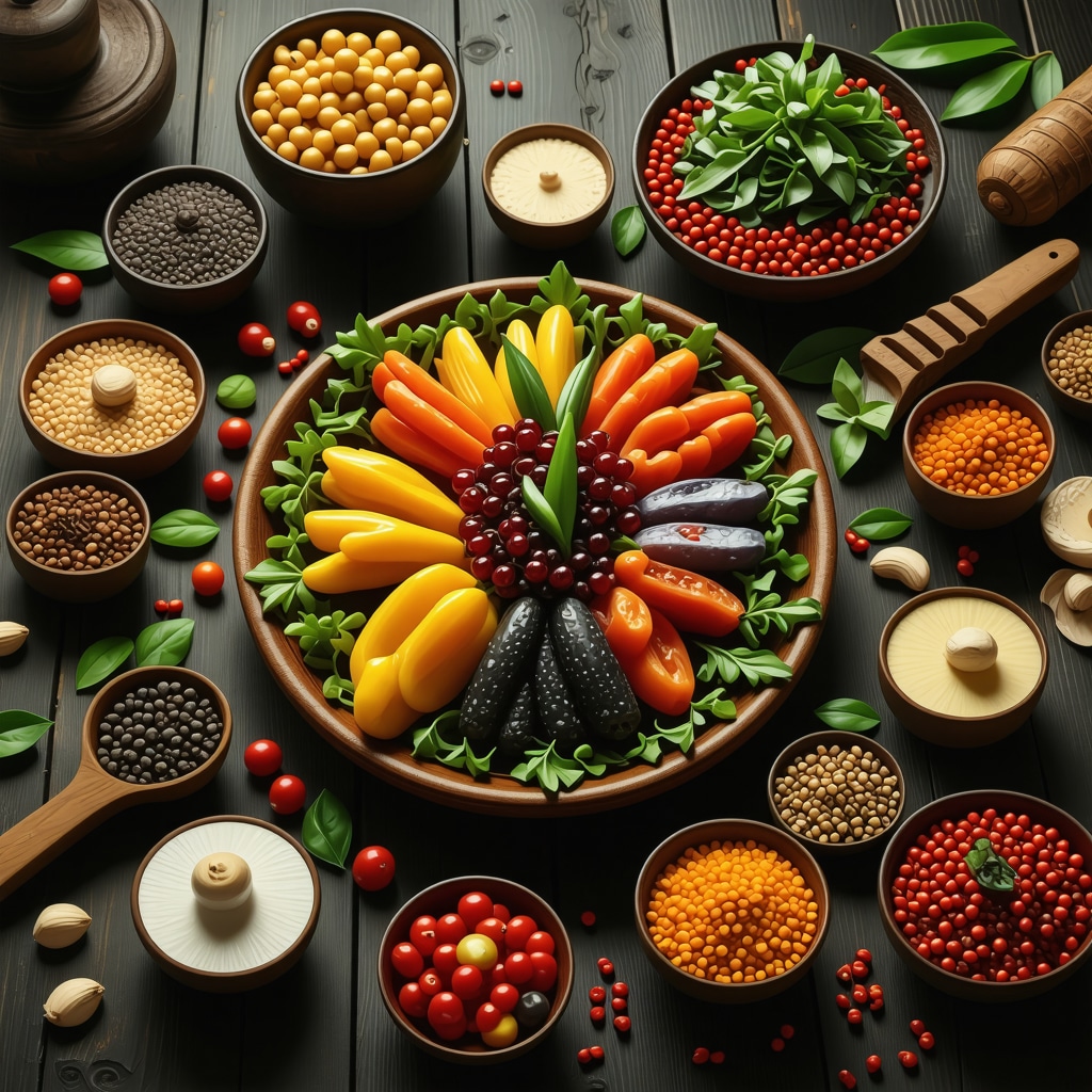 Alimentos dispuestos ceremonialmente con elementos simbólicos y espirituales en un entorno ancestral