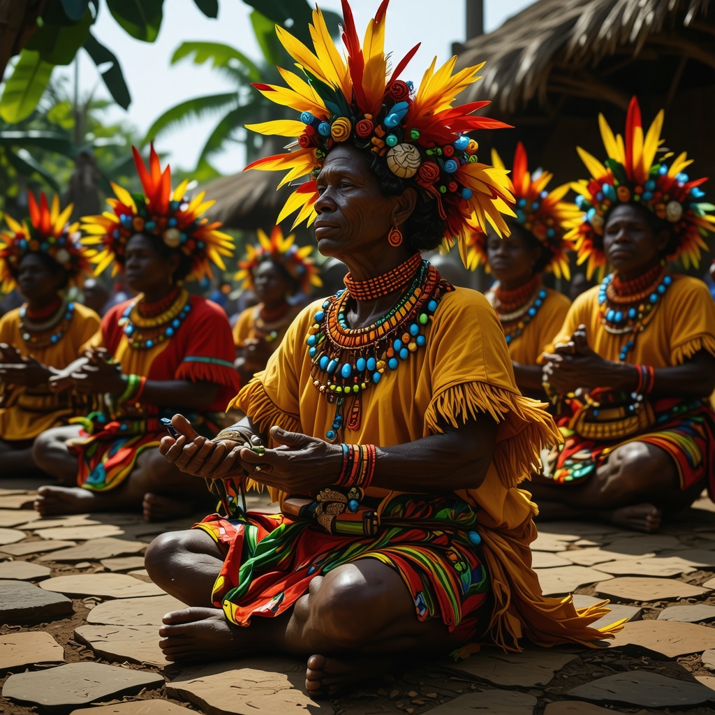 Illustration showing Dominican azabache amulet, herbal rituals, and merengue dancing symbolizing spiritual and cultural fusion