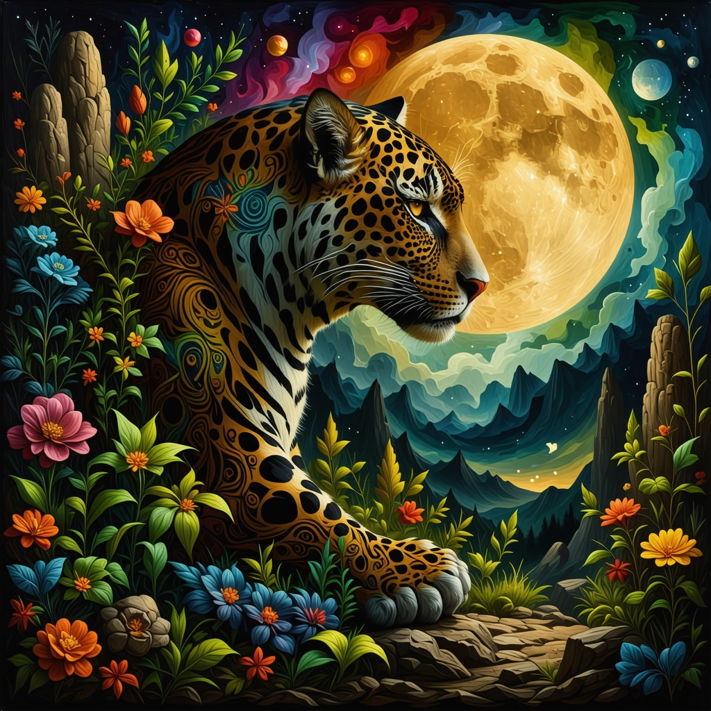 Surreal dreamscape illustrating Mayan jaguar, trickster archetype, and emotional healing symbols