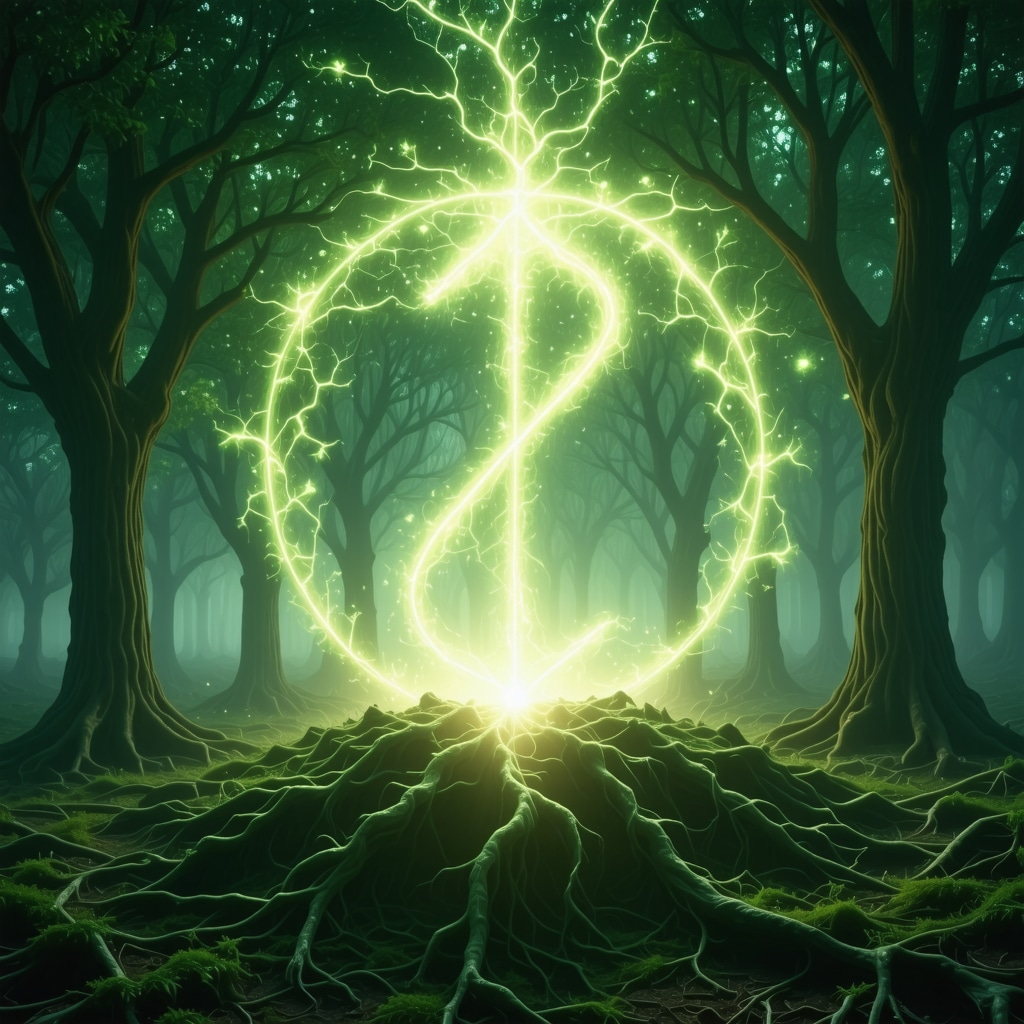Eihwaz Rune Symbolizing Transformation and Nervous System Balance Glowing Eihwaz rune surrounded by ethereal energy and symbolic trees representing holistic healing and transformation
