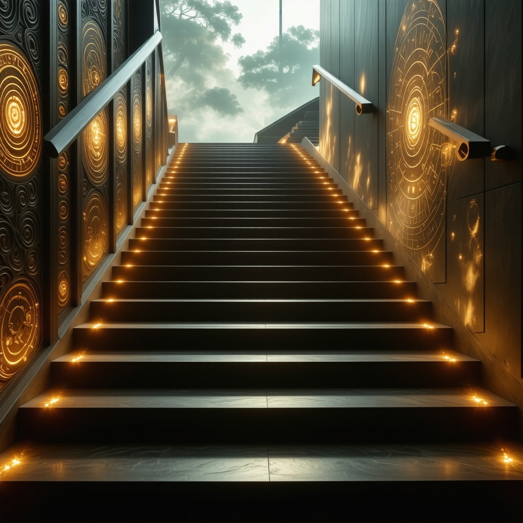 Escalera decorada con símbolos de geometría sagrada, iluminación suave y difusor de aromas para seguridad y energía positiva