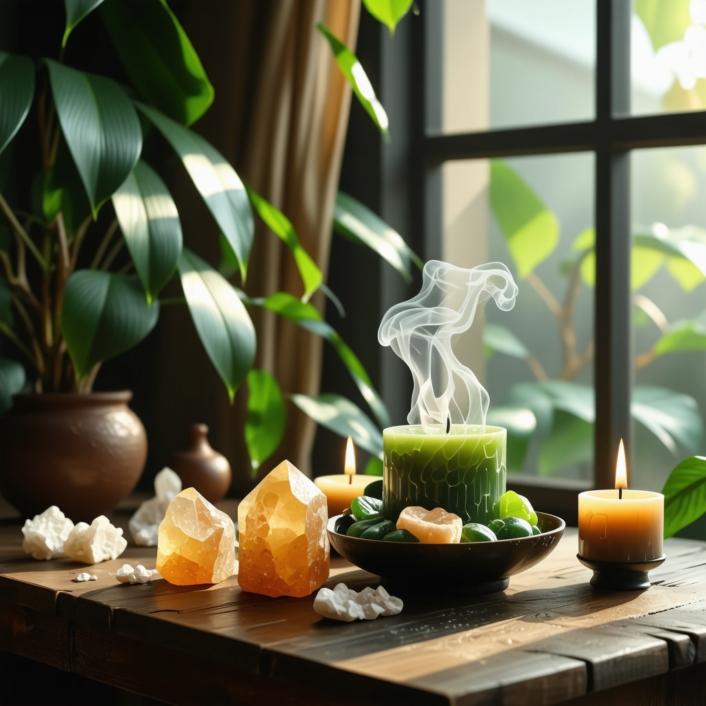 Espacio de trabajo armonizado con plantas, cristales y elementos dorados para potenciar la abundancia económica