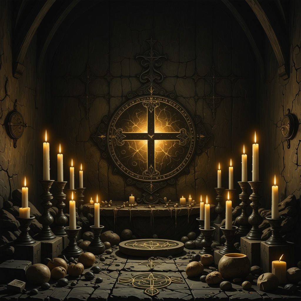 Ilustración de un altar germánico tradicional con Schutzkreuz y símbolos rúnicos, mostrando la conexión entre rituales ancestrales y neuropsicología