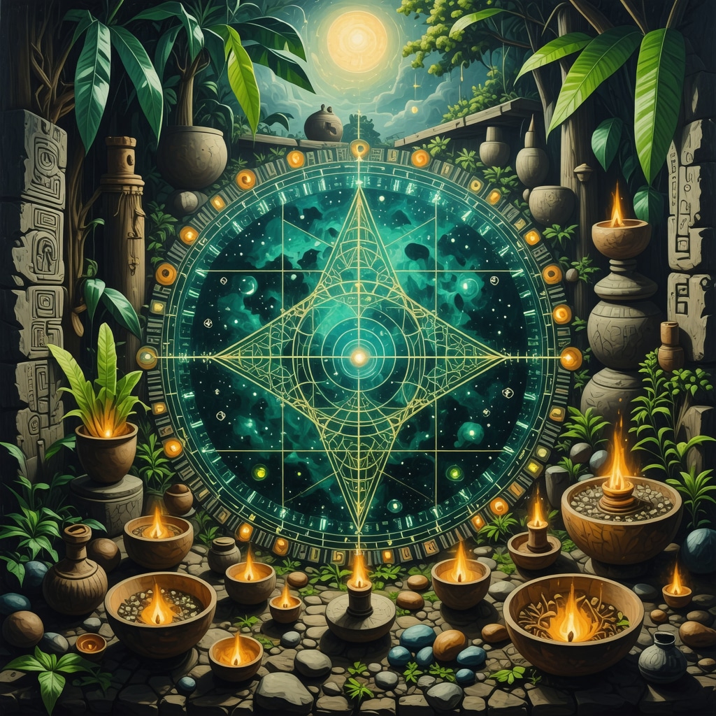 Ilustración de un espacio ritual maya con símbolos geométricos sagrados y elementos naturales para la armonía espiritual y ambiental