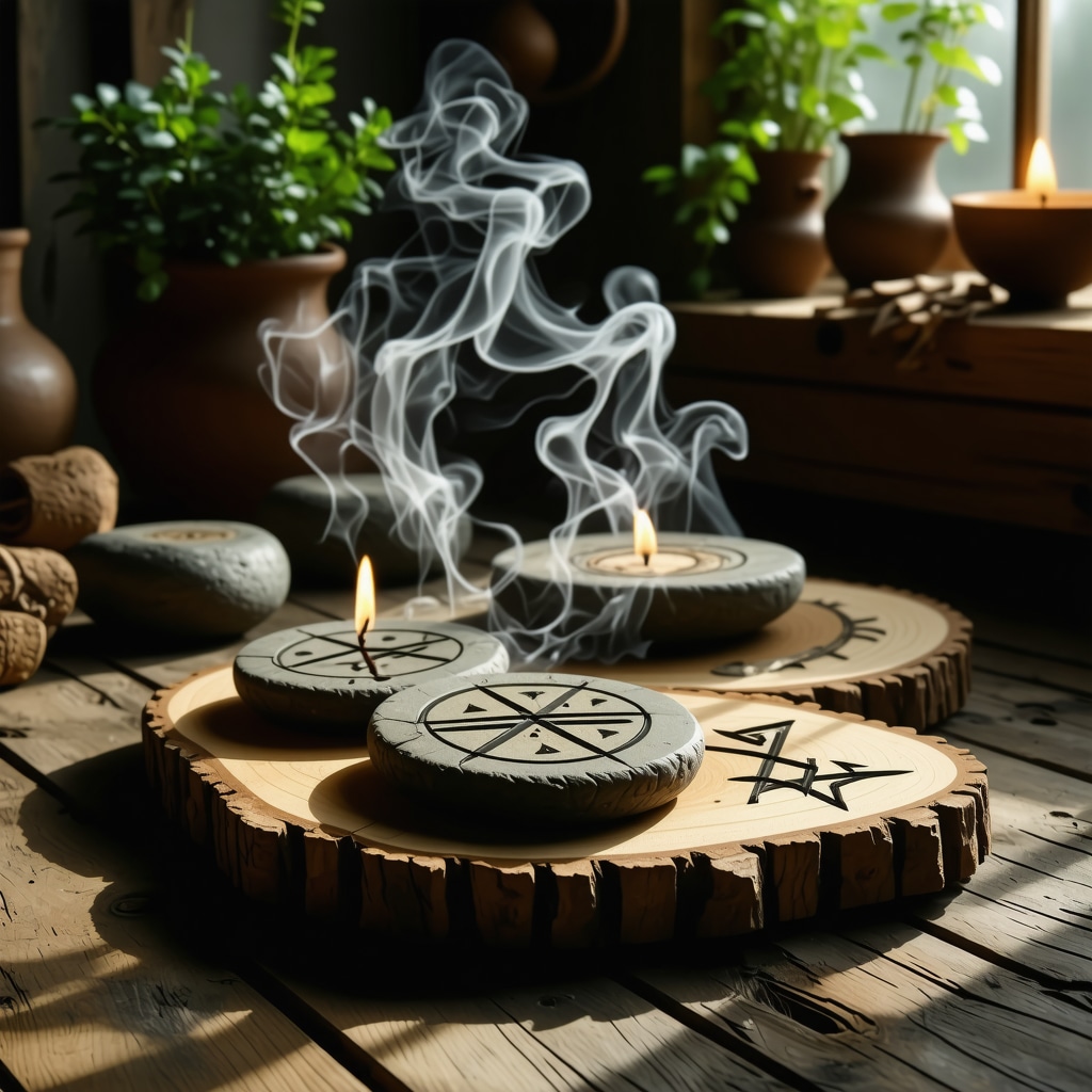 Ritual nórdico con runas talladas en madera y humo de incienso de pino
