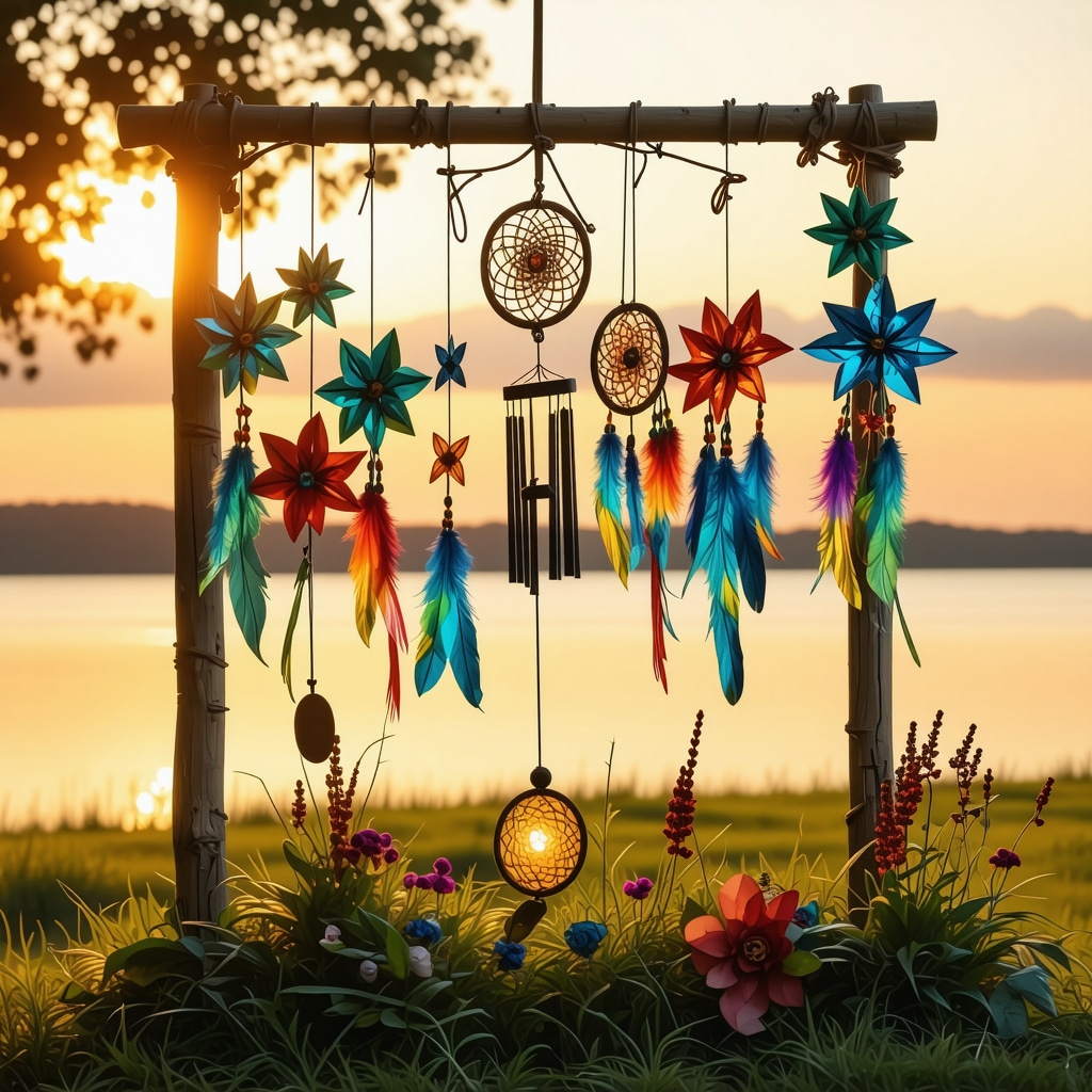 Molinetes, campanas eólicas y atrapasueños moviéndose con la brisa al atardecer