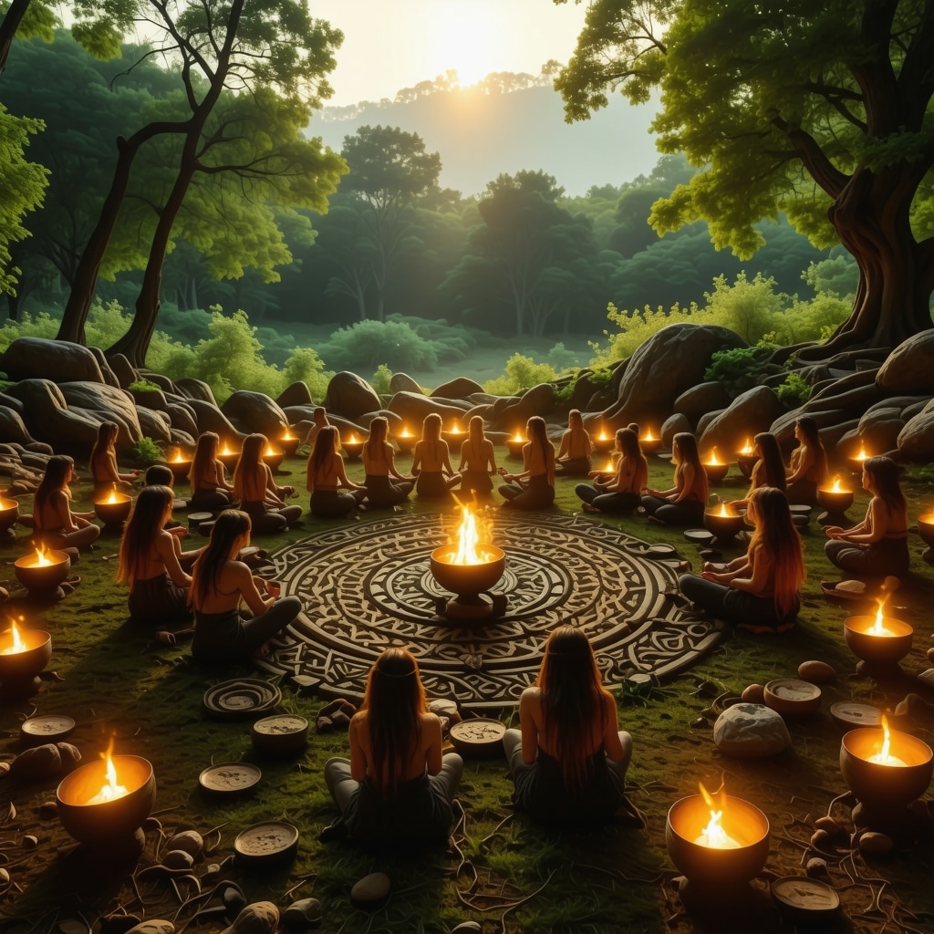 Círculo de piedras celtas con patrones geométricos y personas meditando con cuencos tibetanos al atardecer