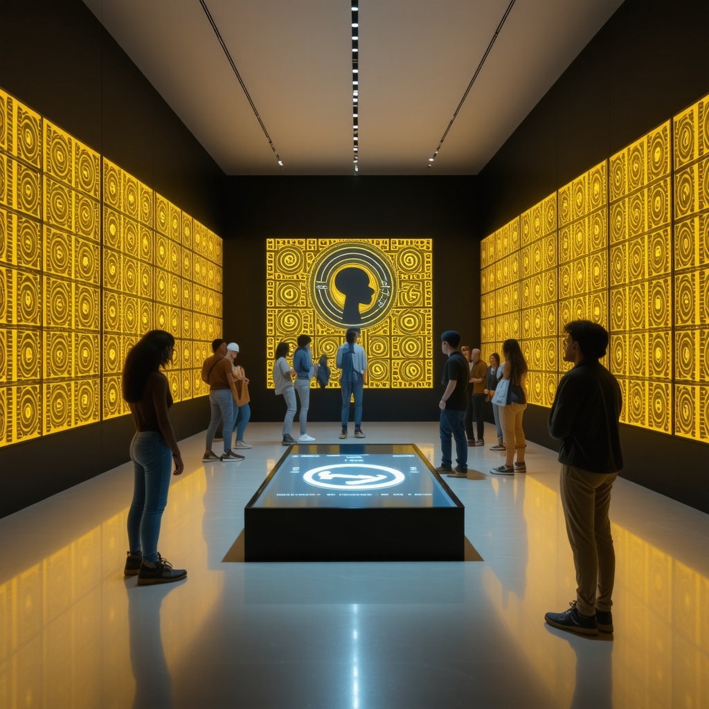 Visitantes interactuando con símbolos Adinkra en una exhibición digital con realidad aumentada
