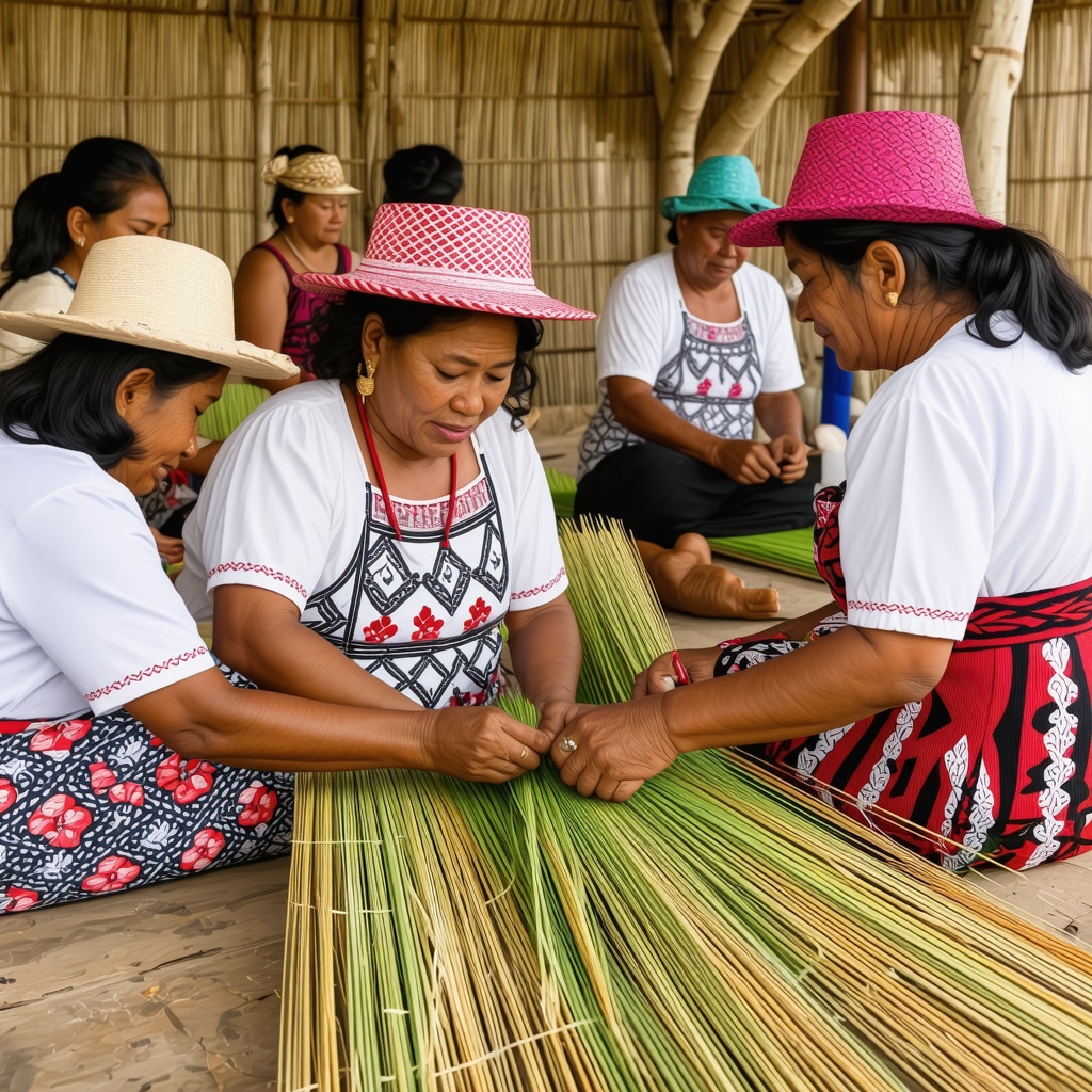 Artesanos paraguayos tejiendo Ñandutí y turistas participando en ritual con palo santo y hierbas naturales en un pueblo tradicional