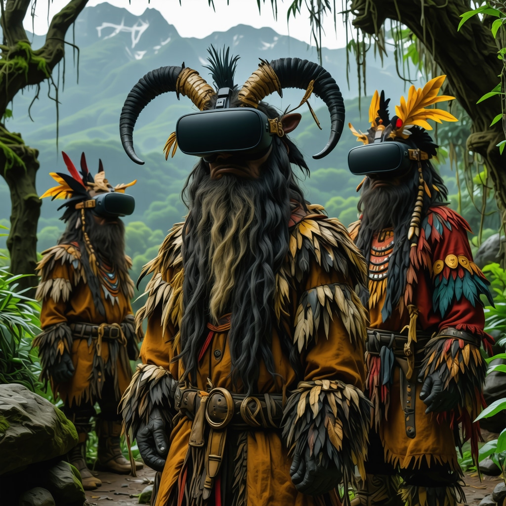 Representación digital inmersiva del folclore chileno con Trauco y Pincoya en un entorno natural simbólico