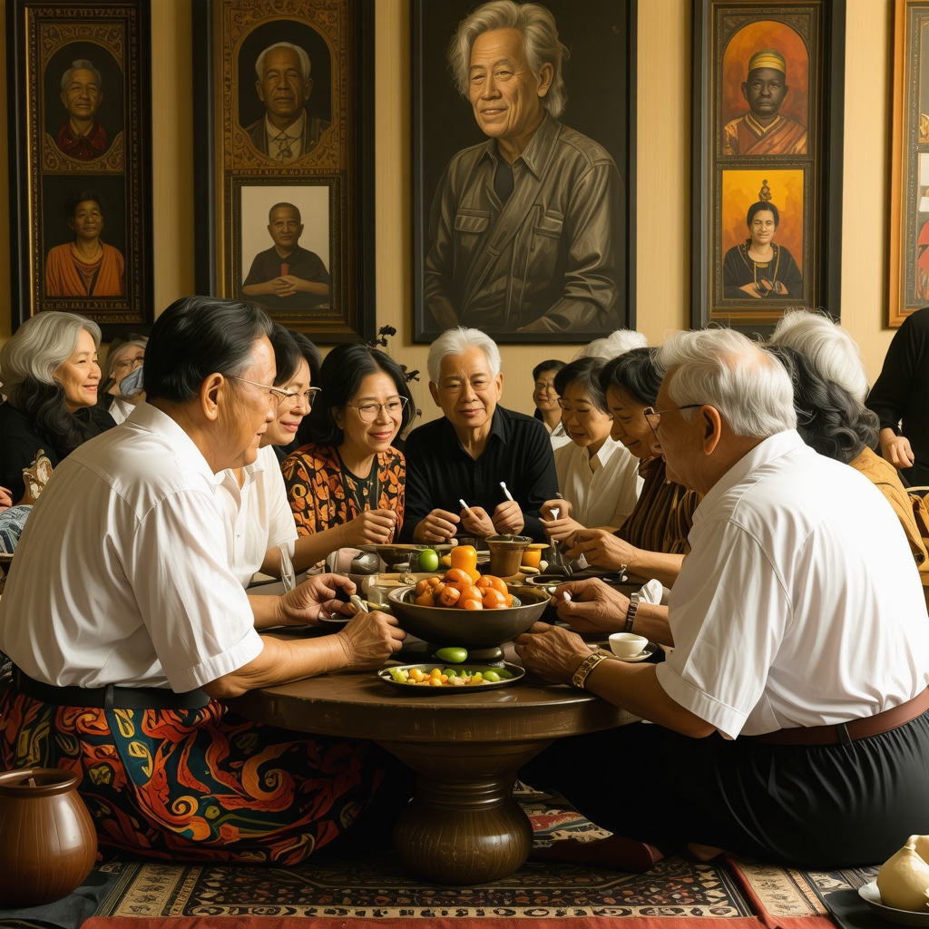 Multi-generational family sharing stories surrounded by ancestral objects and photographs