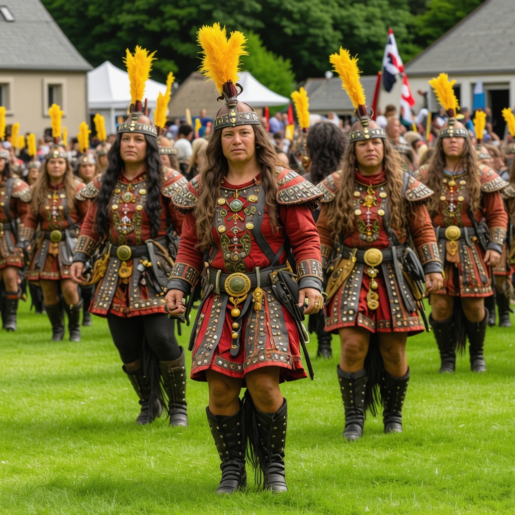 Festival tradicional en Bretaña mostrando disfraces folklóricos y símbolos como herraduras y hadas