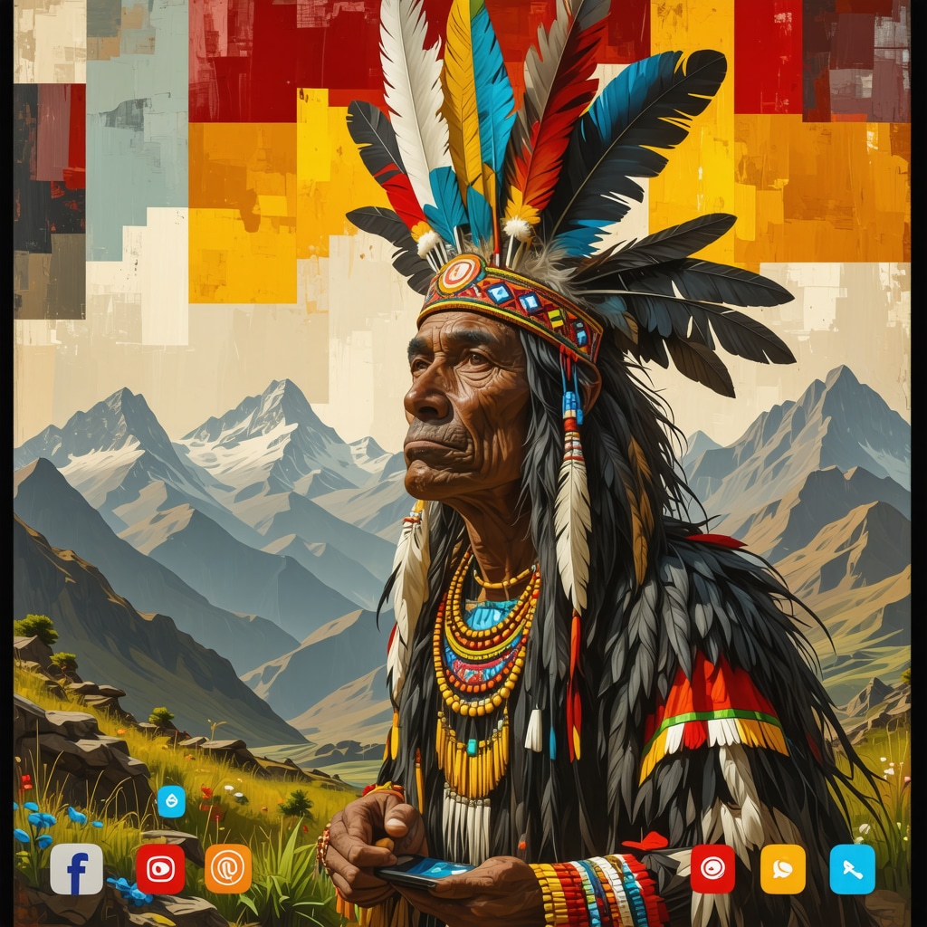 Digital collage representing Bolivian folklore symbols intertwined with modern technology elements