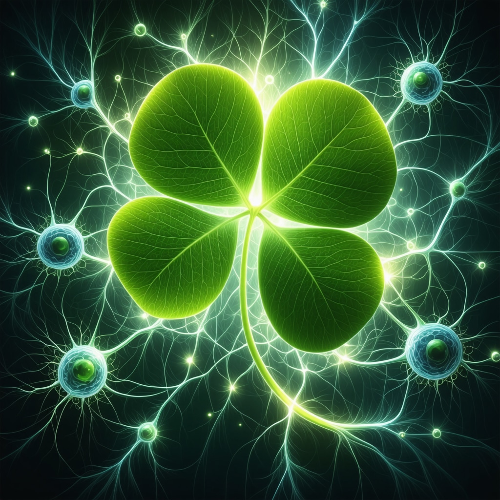 Artistic image of a glowing four-leaf clover with neural and immune system motifs