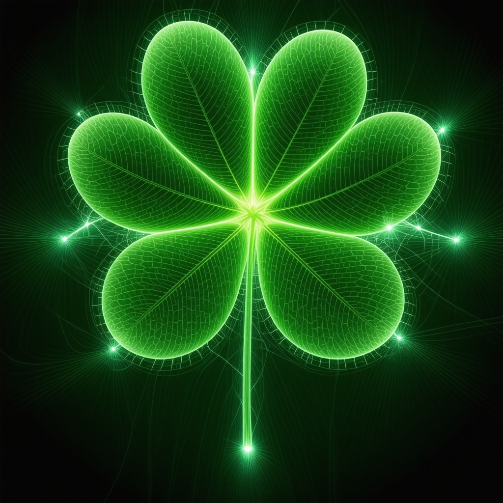 Artistic image showing a four-leaf clover connected with neural and energy patterns symbolizing mind-body interaction