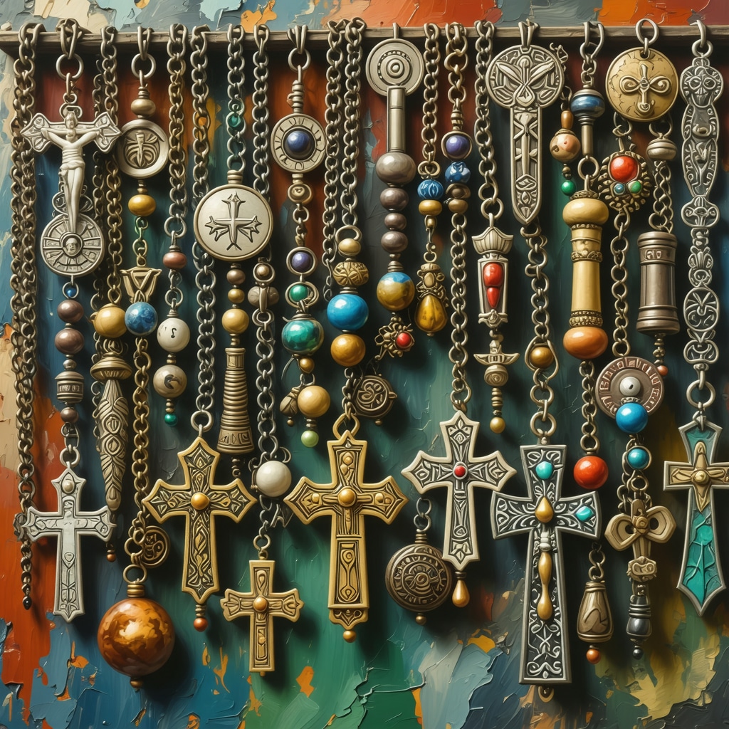 Escena urbana africana mostrando amuletos tradicionales junto a símbolos religiosos modernos