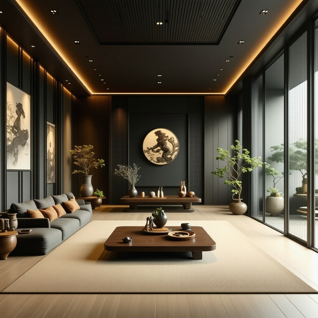 Interfaz digital que combina amuletos asiáticos tradicionales y elementos feng shui con realidad aumentada en un entorno doméstico futurista