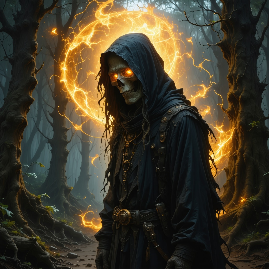 Figura fantasmal antigua fusionada con elementos digitales en un bosque nocturno misterioso