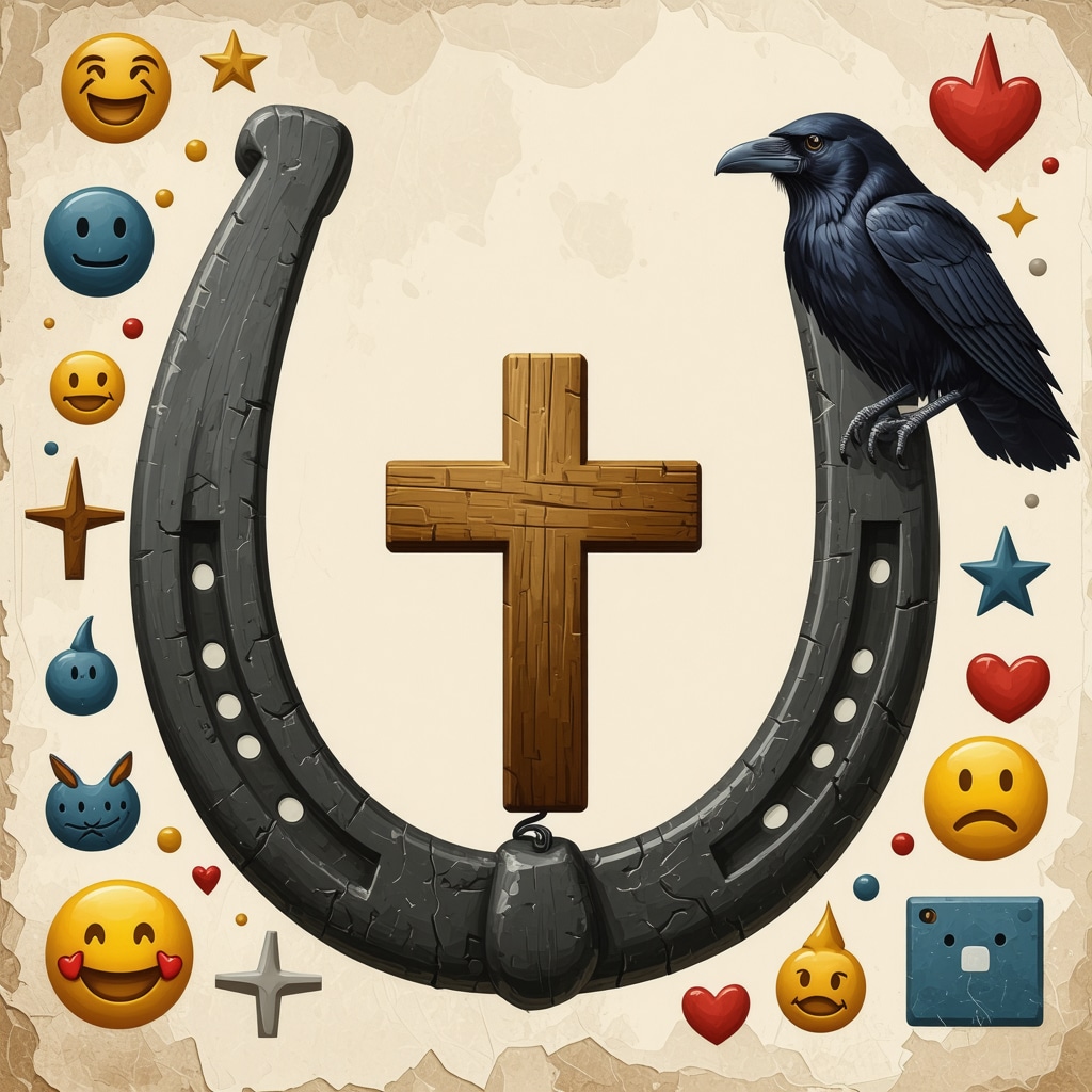 Collage digital que fusiona símbolos tradicionales de supersticiones polacas con iconos digitales modernos.