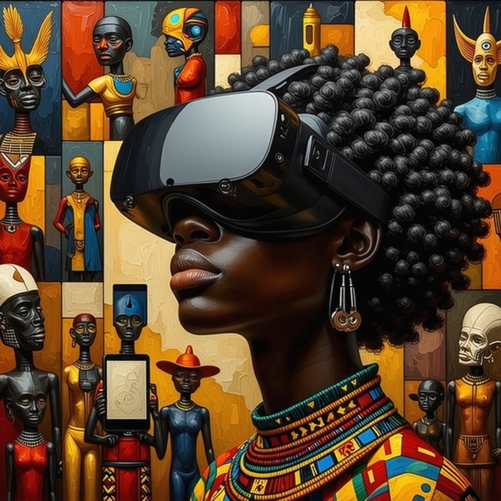 Collage digital que representa símbolos del folclore africano integrados con elementos tecnológicos modernos para la preservación cultural