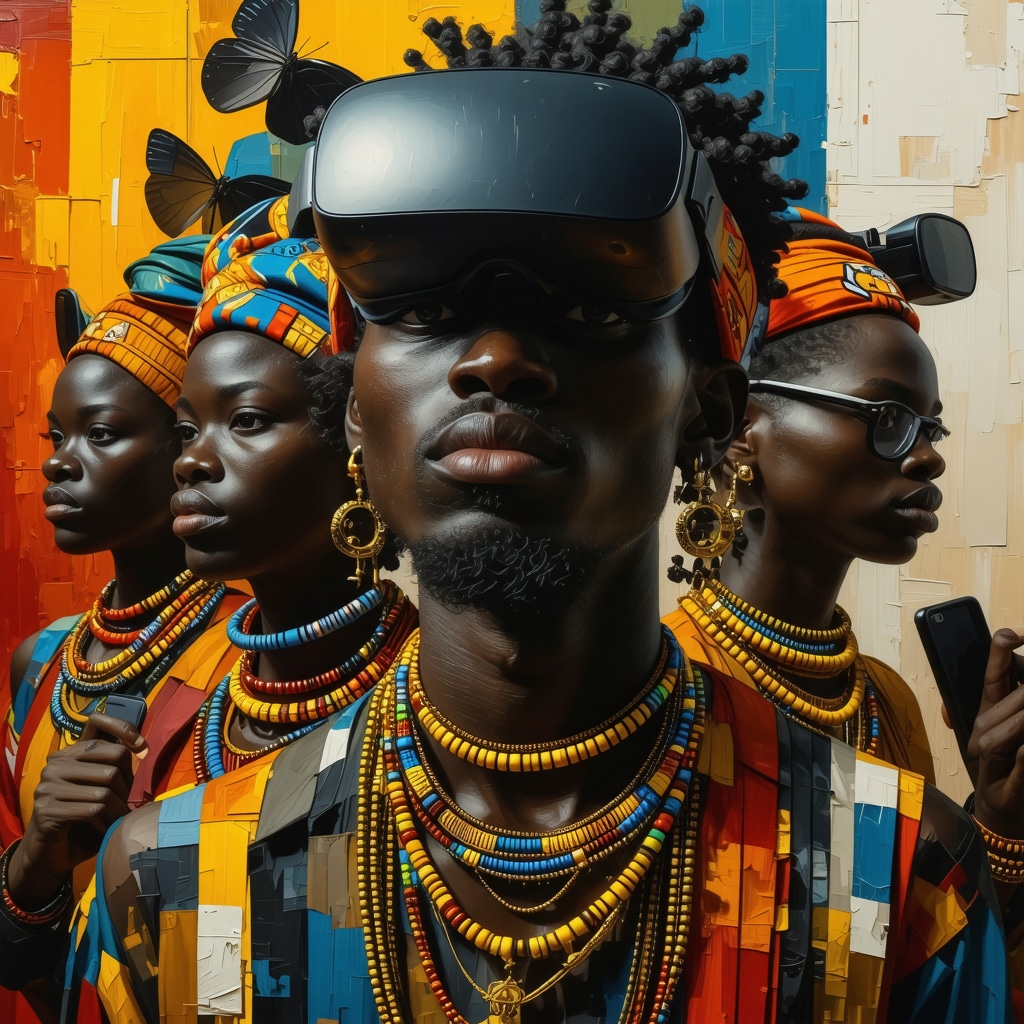 Collage digital que muestra rituales espirituales tradicionales de Guinea Ecuatorial junto con elementos tecnológicos modernos como smartphones y cascos de realidad virtual