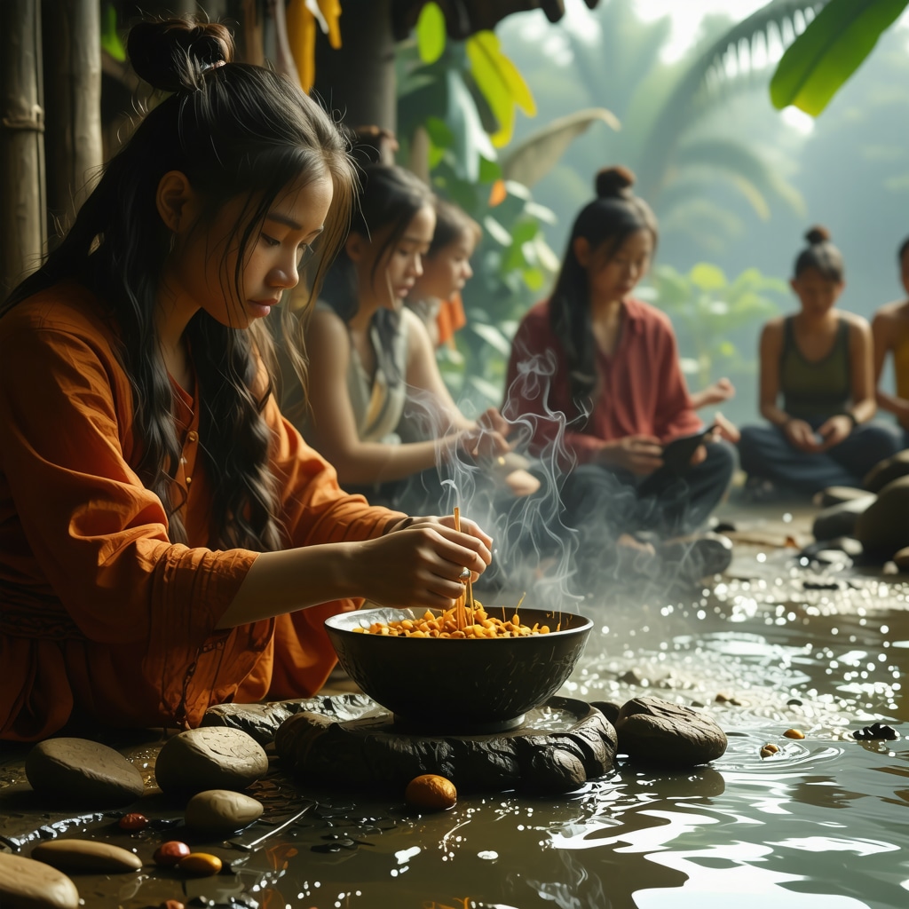 Escena ritual filipina con incienso, elementos naturales y jóvenes integrando tradición y tecnología