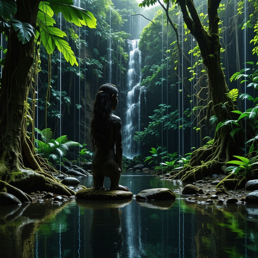 Representación artística que muestra símbolos tradicionales de Oceanía junto a interfaces digitales holográficas