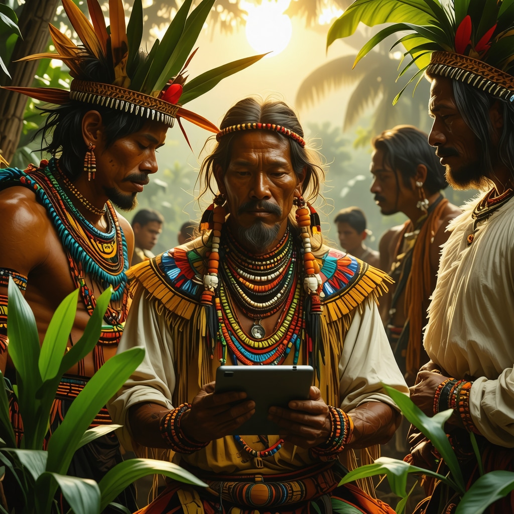 Fusión de rituales tradicionales paraguayos con tecnología moderna Collage digital que muestra líderes indígenas paraguayos combinando rituales ancestrales con tecnología moderna, con plantas simbólicas y dispositivos digitales.
