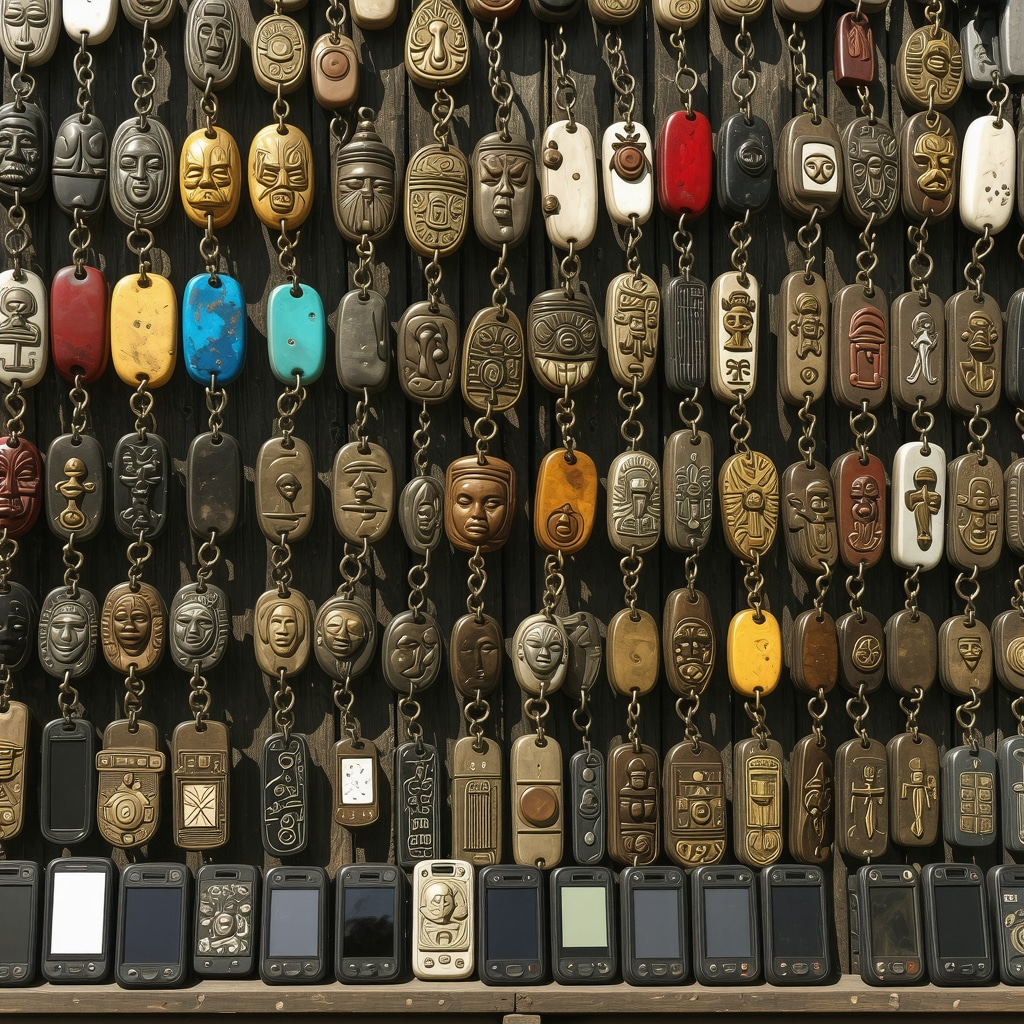 Mercado africano moderno con amuletos tradicionales y dispositivos digitales