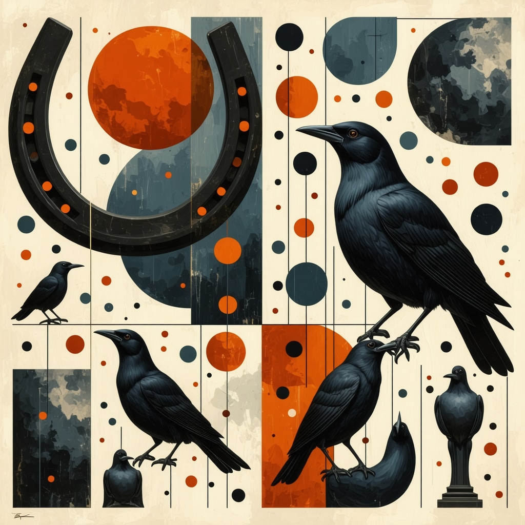 Collage digital moderno que integra símbolos tradicionales polacos de superstición con iconos tecnológicos y realidad aumentada